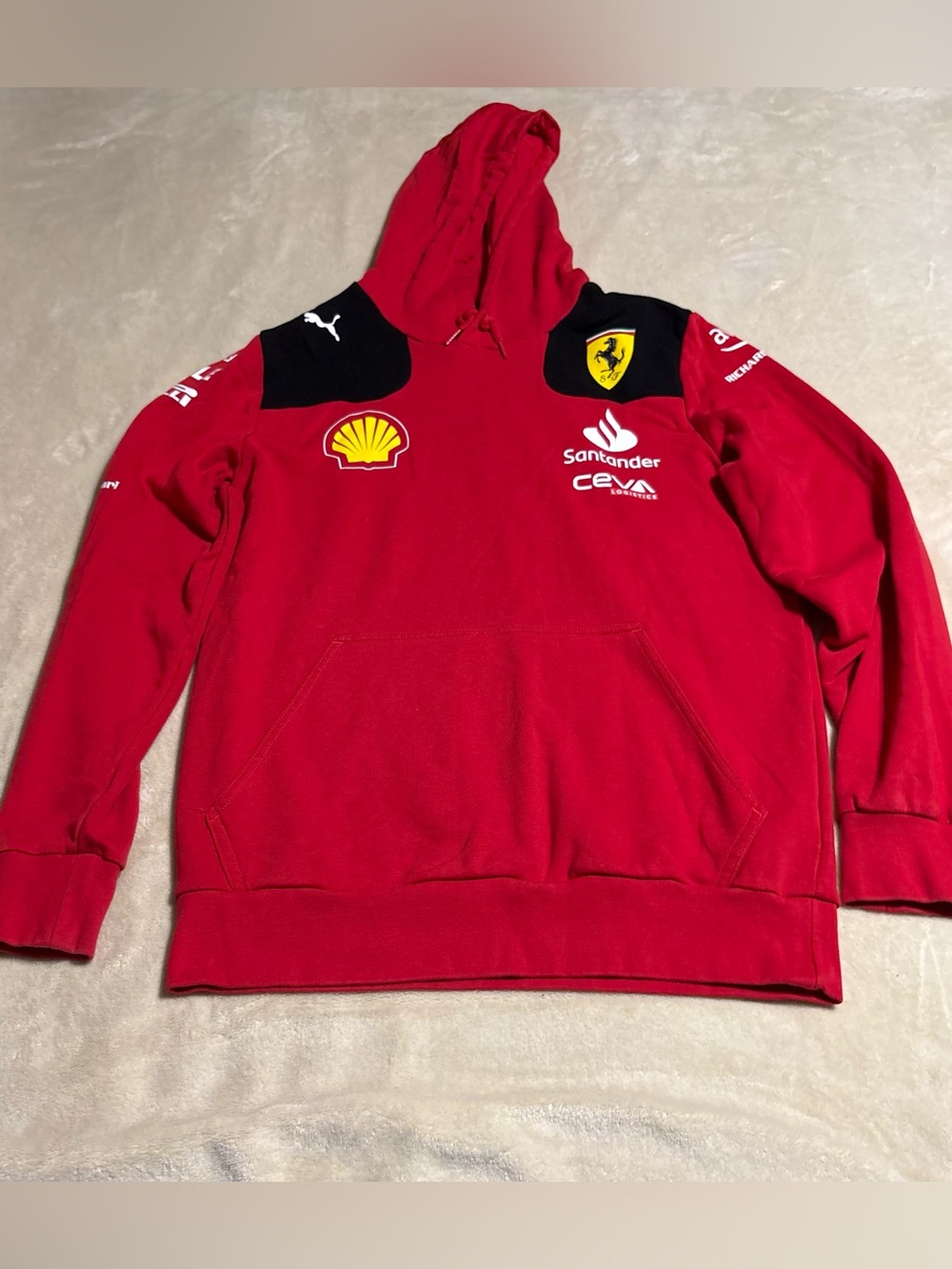Ferrari Red Hoodie with Black Shoulder Accents and Sponsor Logos
